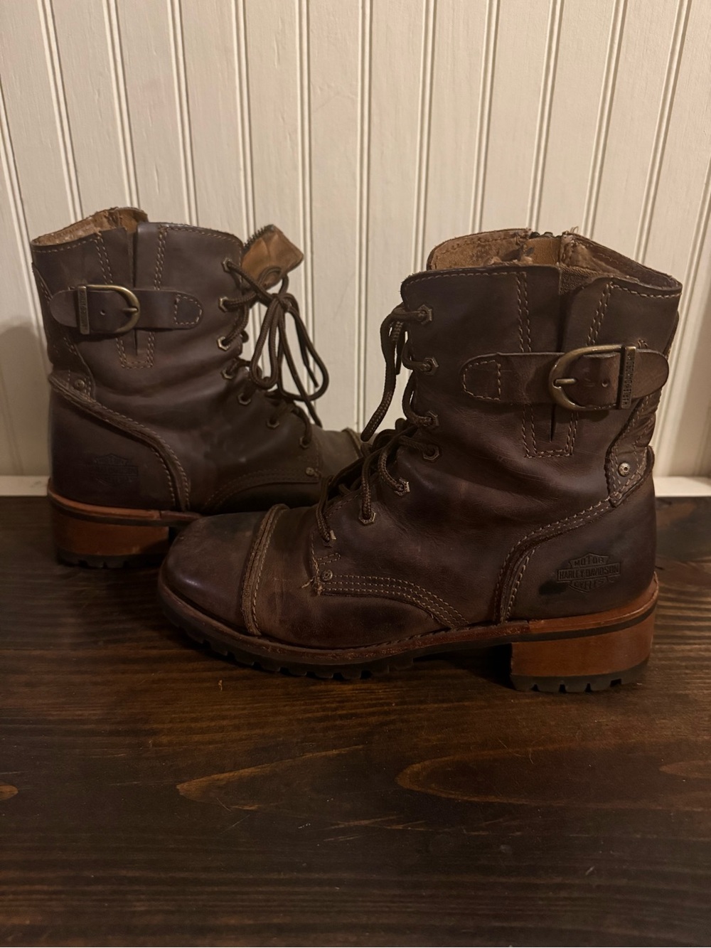Womens Harley-Davidson Brown Leather Lace-Up Buckle Boots